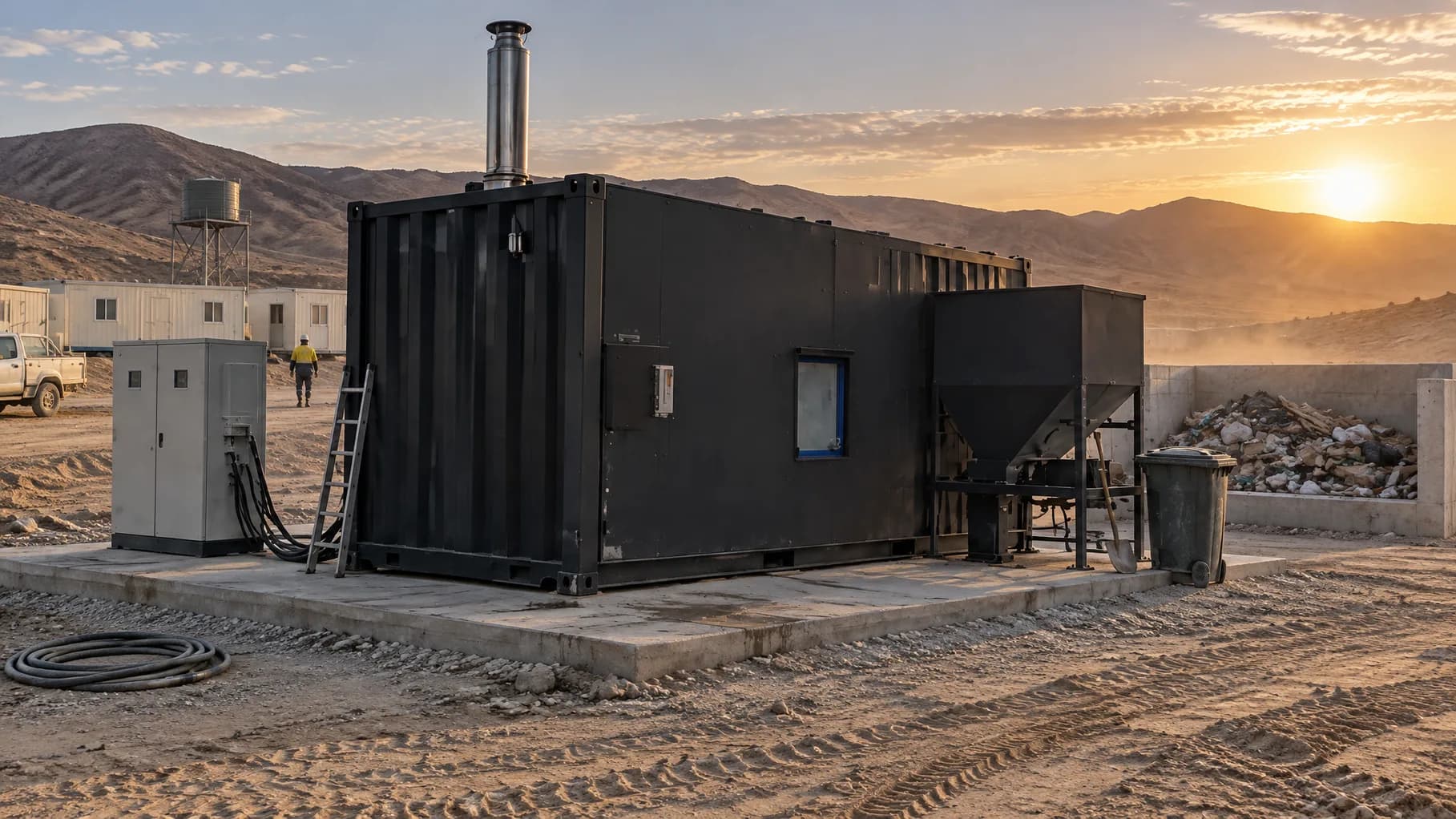 A black waste-to-energy container with a steel flue, a control cabinet and a feed hopper on a concrete pad in the desert at sunset, illustrative