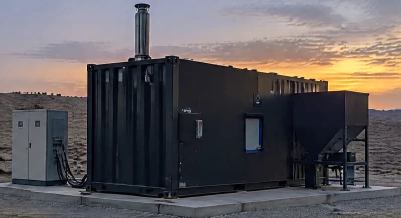 A black waste-to-energy container with a steel flue and a feed hopper on a concrete pad at sunset, illustrative