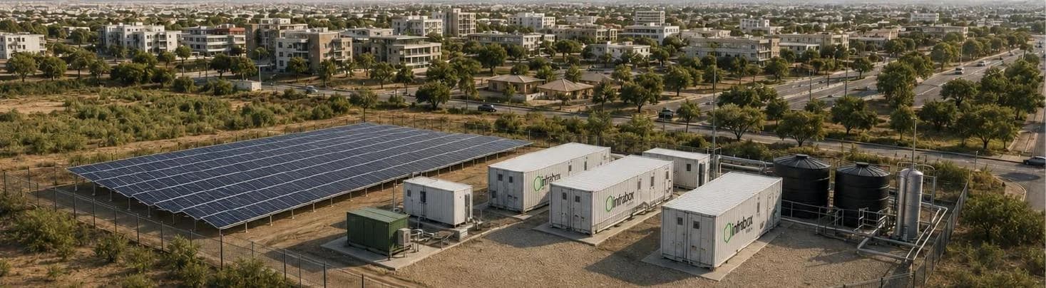 An INFRABOX compound of containers, tanks and solar arrays laid out on one pad, illustrative