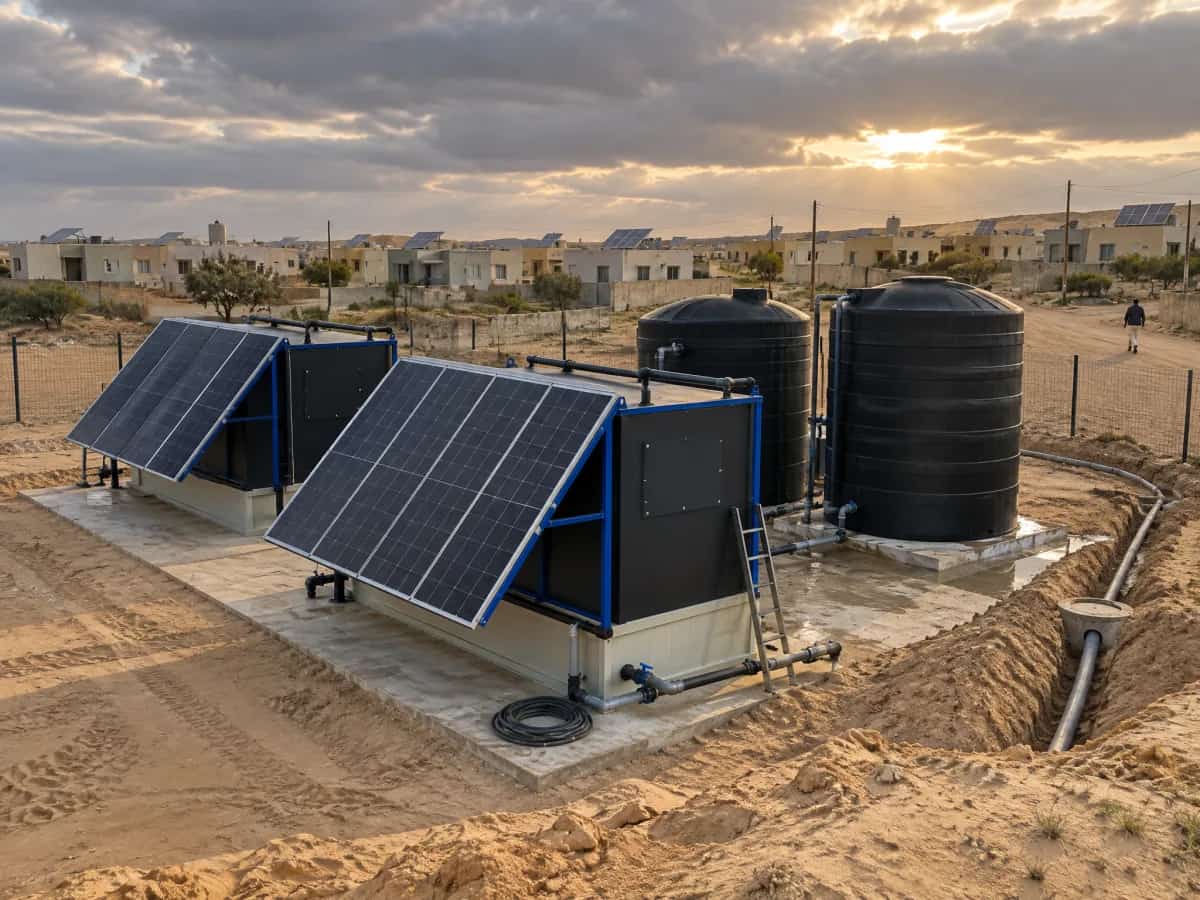 Two black INFRABOX units and two tanks on a wider pad beside a cluster of a dozen houses, illustrative