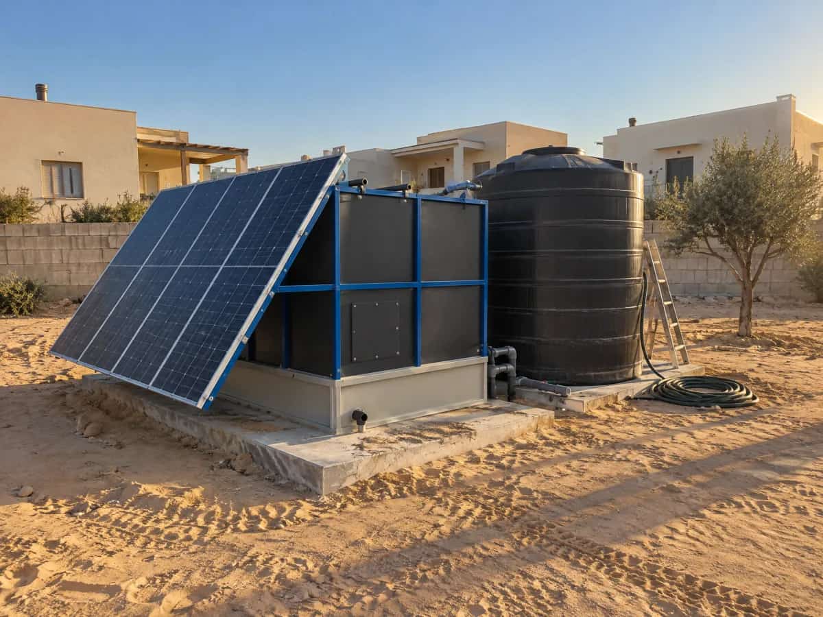 One black INFRABOX unit and a black tank on a small pad beside three houses, illustrative