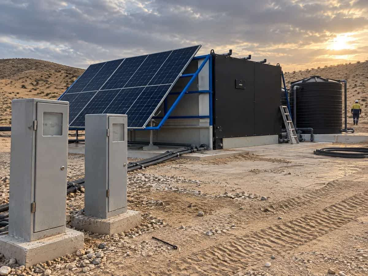 A black storage container, a solar array and two gray service pillars with meters on a pad, illustrative