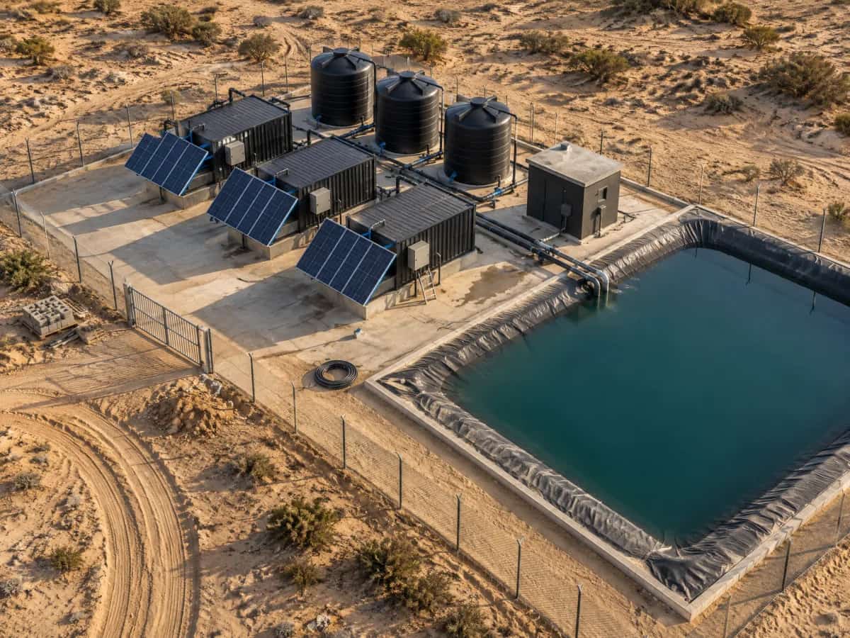 Three INFRABOX units, their tanks and a small reservoir with a pump house on one pad, illustrative