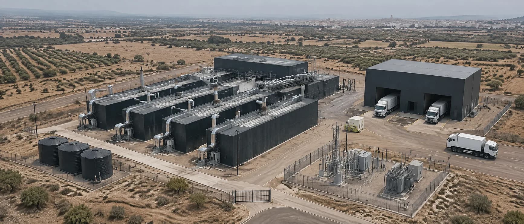 Four parallel waste-to-energy plant lines with flues and ducting, a truck bay and a substation, seen from the air, illustrative
