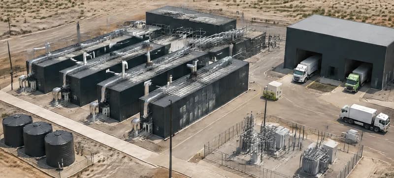 Four parallel waste-to-energy plant lines with flues and a truck bay, seen from the air, illustrative