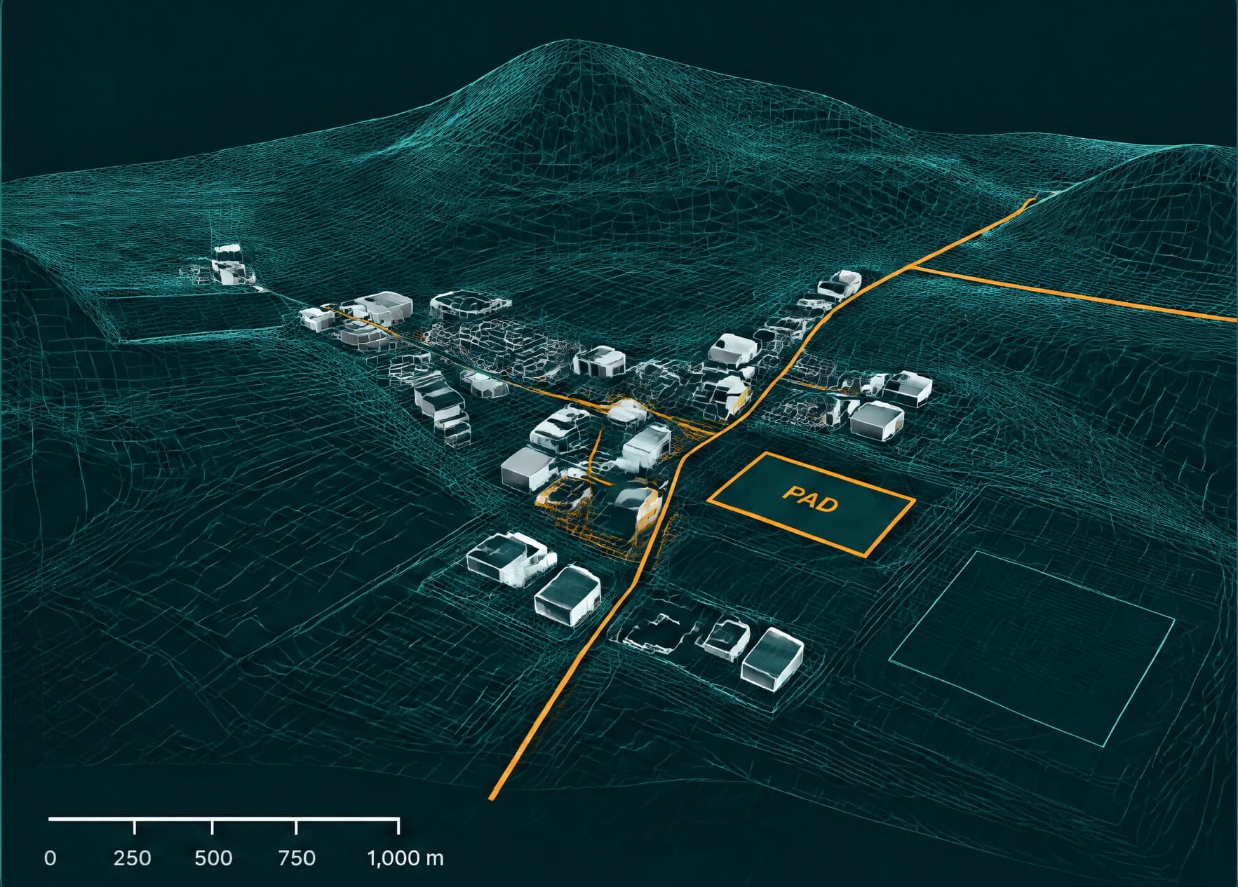 A drone-measured 3D model of a village with its feeder lines in orange and the marked INFRABOX pad, illustrative
