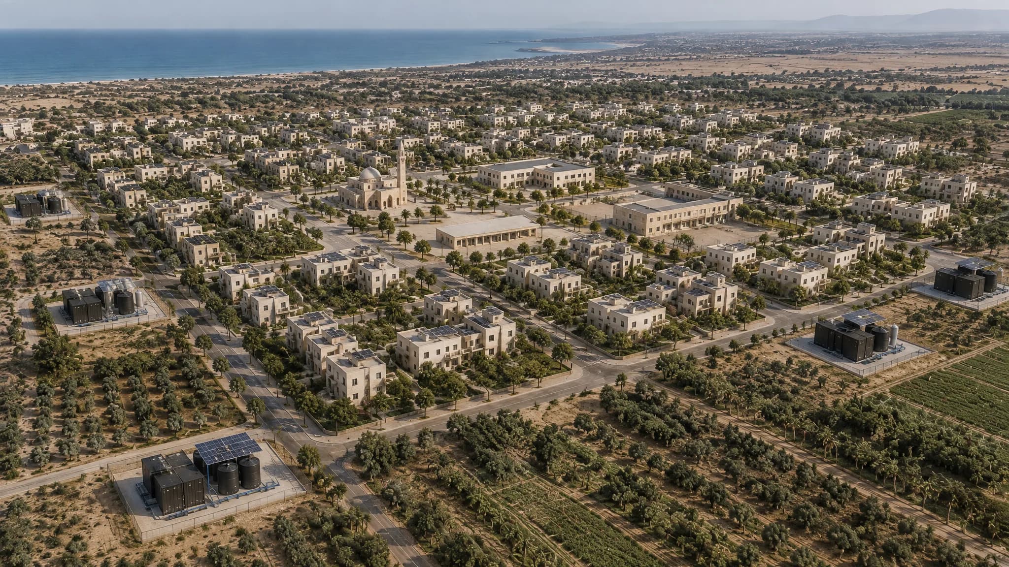 Un quartier de maisons blanches à toit plat au milieu des vergers, vu par drone, la mer au loin, avec des unités de traitement sur leurs dalles en bordure des rues, illustratif