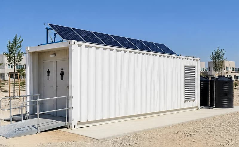 A white forty-foot restroom container with roof-mounted solar panels, a ramp to its double doors and two black water tanks alongside, illustrative