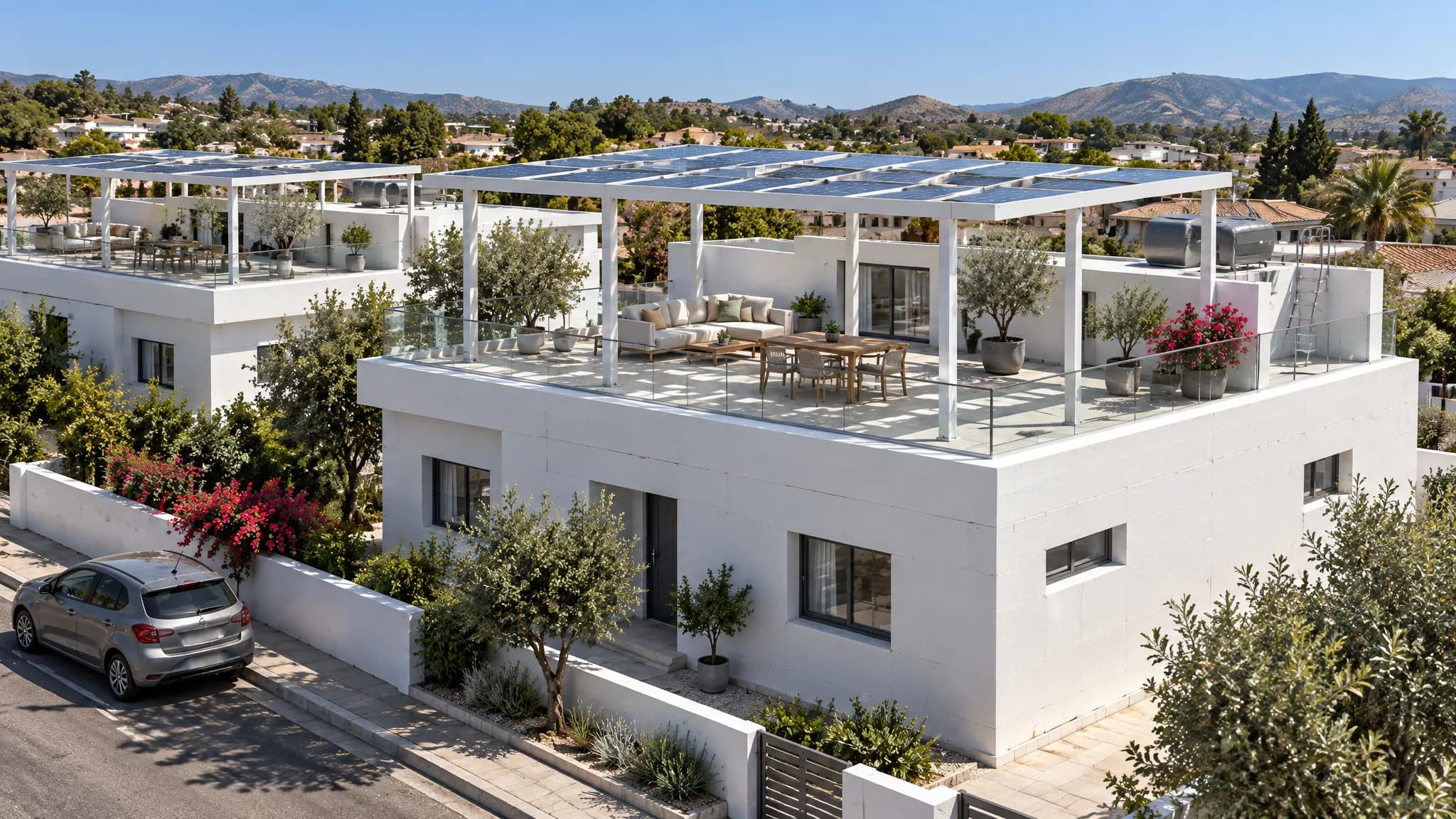 A solar pergola kit over the paved roof terrace of a panel home, illustrative
