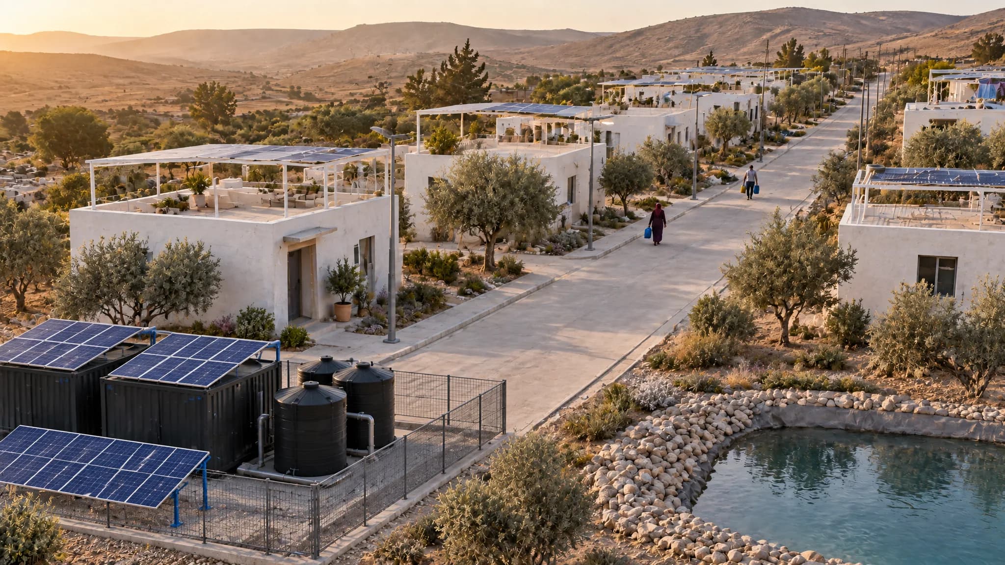 The same village with a black INFRABOX unit on its pad, a solar field, a reservoir of treated water, a paved street and rooftop solar kits, seen from a drone, illustrative