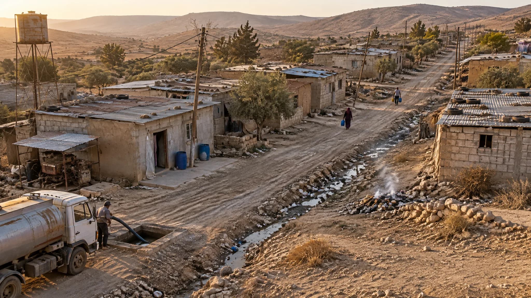 Un village avec un égout à ciel ouvert le long d’une rue en terre, un réservoir d’eau rouillé, un groupe électrogène diesel et un camion-citerne d’eaux usées, vu par drone, illustratif