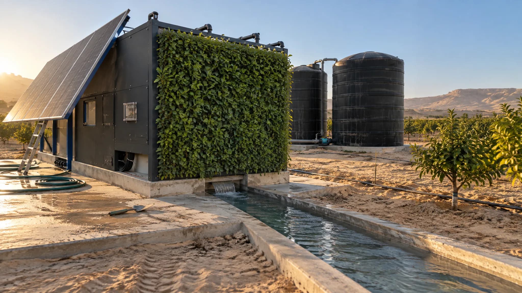 Une unité INFRABOX noire avec son bio-filtre à mur végétalisé vertical, de l’eau traitée qui s’écoule de sa sortie dans un canal, deux réservoirs noirs et un verger derrière, illustratif.