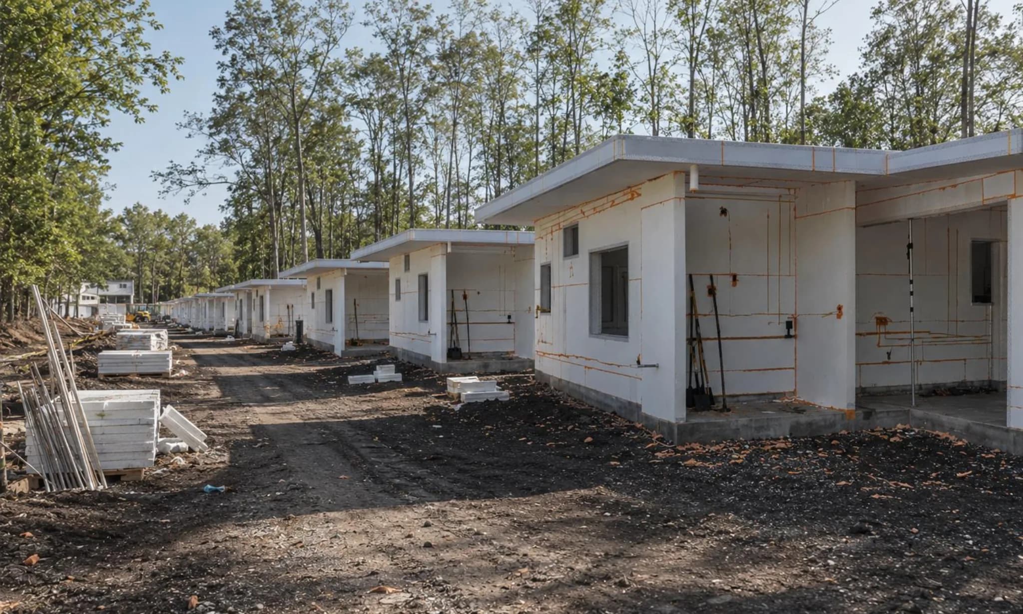 A row of EPS panel homes going up, XTRATA's own photograph