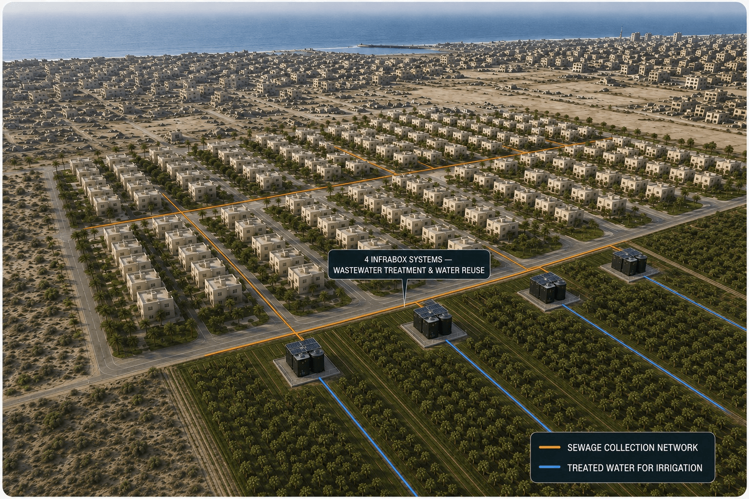 An aerial render of a coastal neighborhood of two-story houses, with four INFRABOX pads of tanks and solar panels at its edge, orange sewage lines to the houses and blue reclaimed-water lines to the orchards
