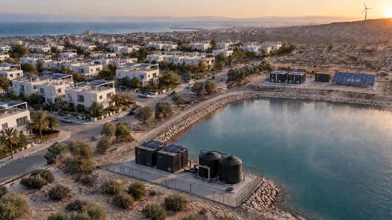 A master-planned neighborhood with its own water, sewage and energy systems at golden hour, illustrative
