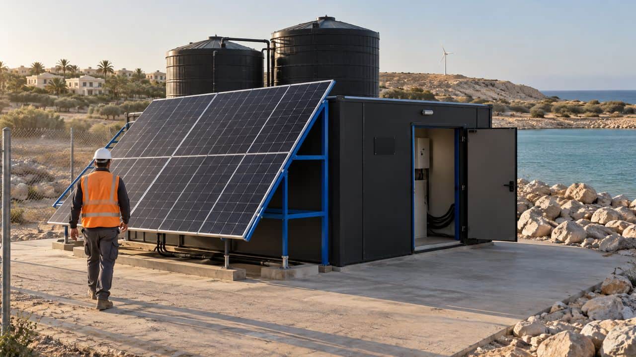 A technician walking along the pad toward the open service door of an INFRABOX unit, illustrative