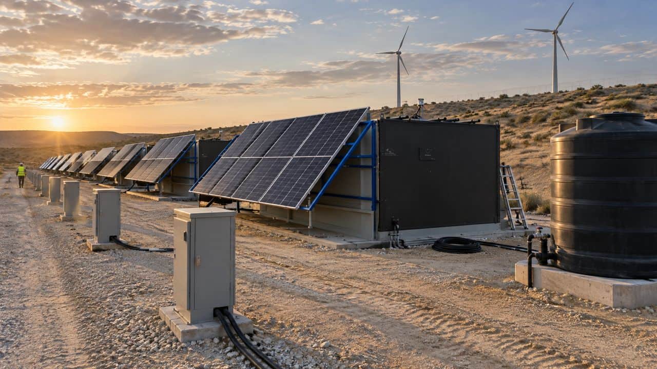 Microgrid with solar arrays, wind turbines, a storage container and metered service pillars, illustrative