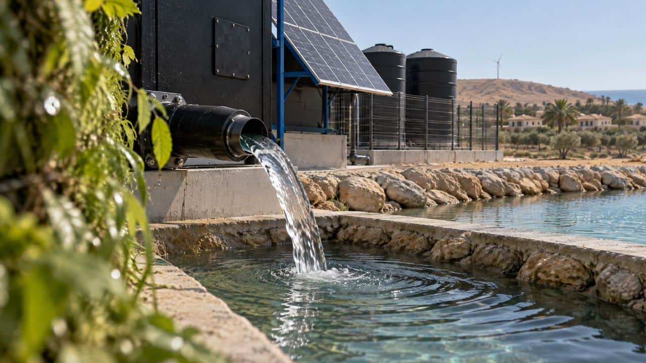 Treated water pouring from the outlet into the channel below the unit's green wall, illustrative