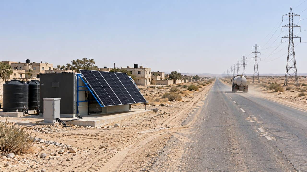 A sewage tanker on the desert road beside the power line, an INFRABOX unit on its pad at the village edge, illustrative