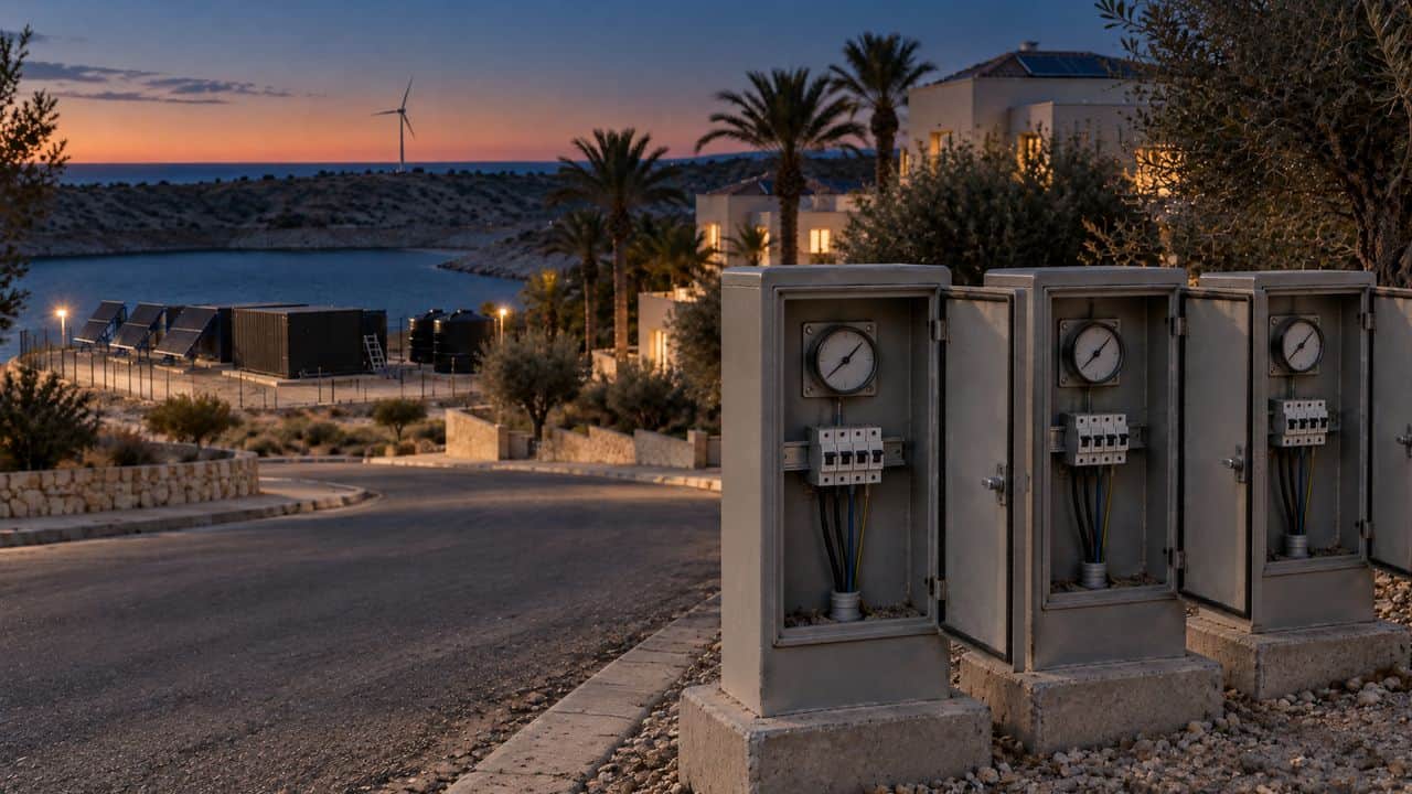 Three open service pillars with their meters at dusk, lit houses and the storage container behind, illustrative