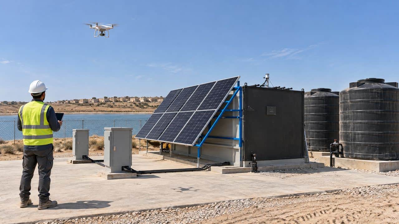 A survey drone above the pad while a technician reads his tablet beside the unit, illustrative