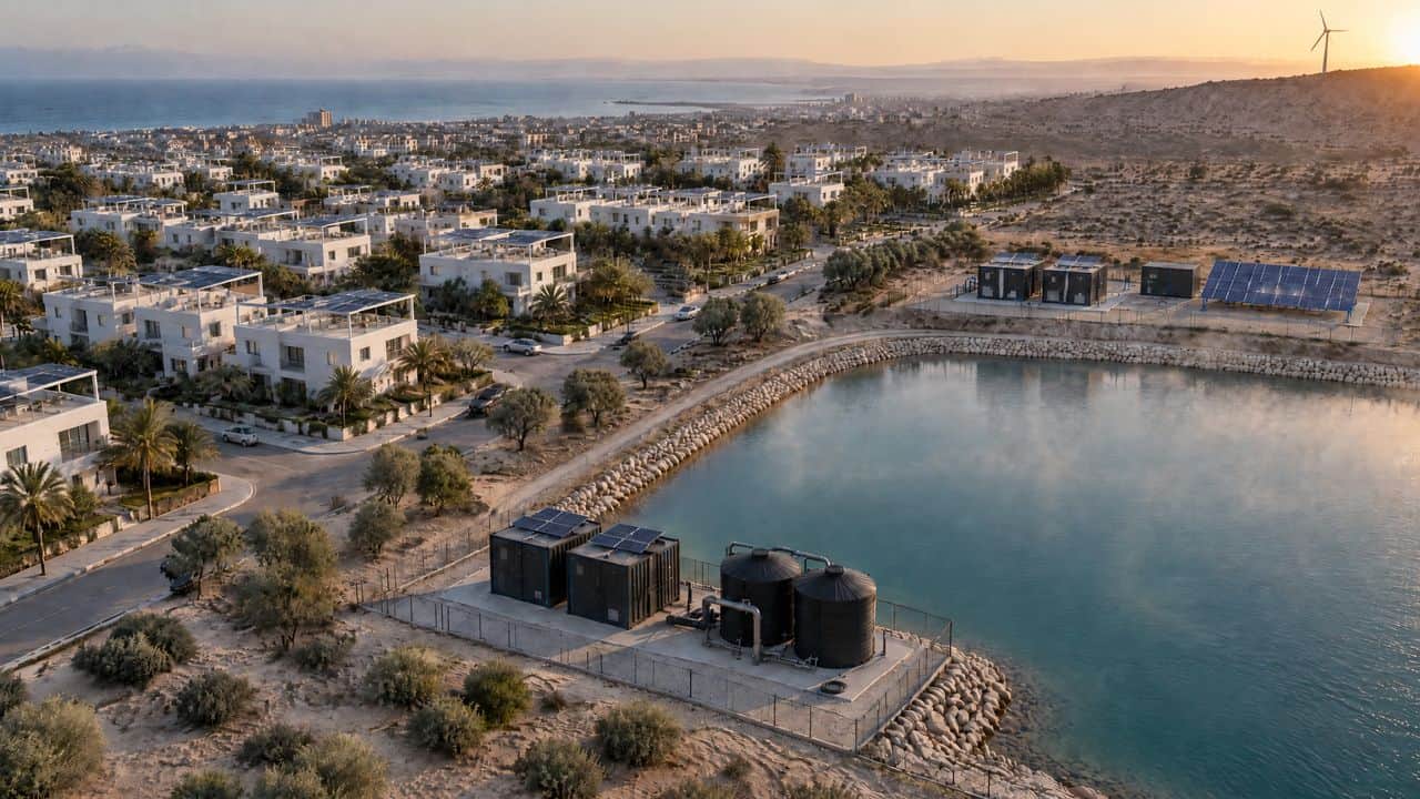A coastal town from the air at first light, its water and energy plant on the reservoir edge, illustrative
