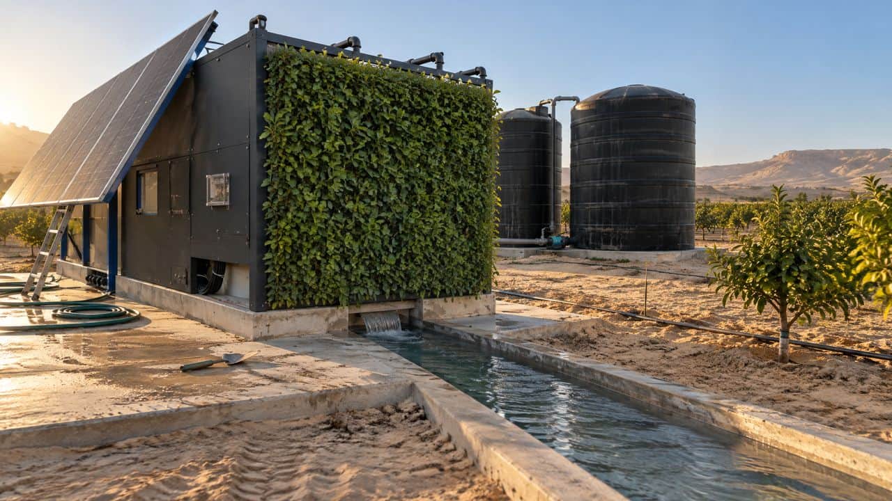Unité de traitement biologique avec son mur végétalisé et le sol irrigué tout autour, illustratif