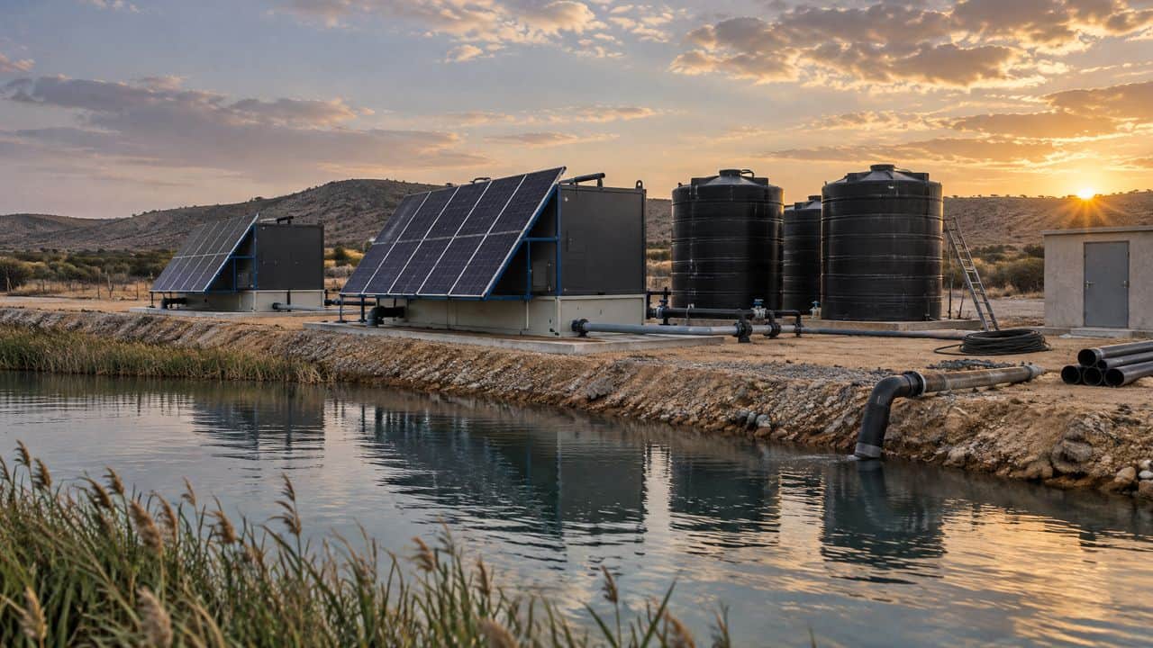 Containerized water treatment line beside a reservoir, illustrative